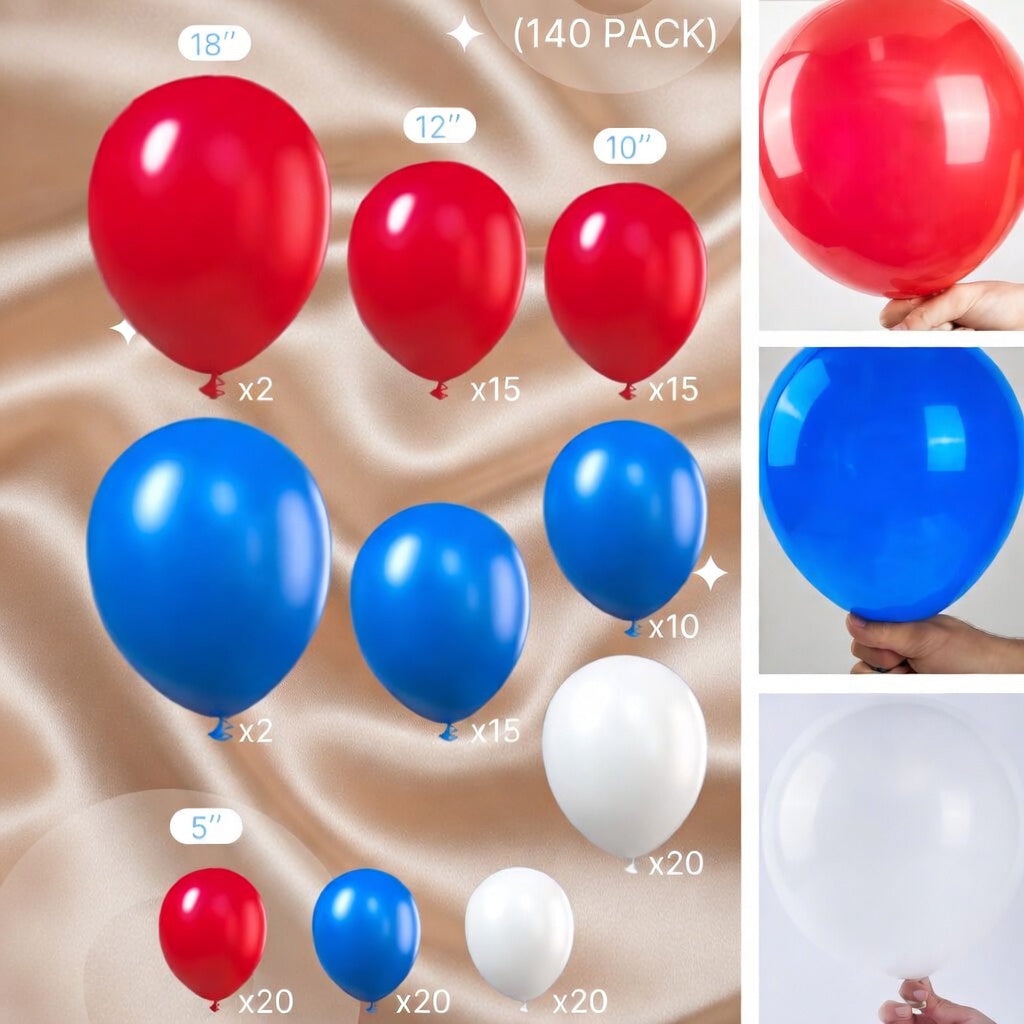Red White and Blue Balloons, 140 pcs Red White and Royal Blue Balloons Different Sizes Pack of 18 Inch 12 Inch 10 Inch 5 Inch for Balloon Garland as 4th of July Decorations, Party Decorations Vatoyum Balloons