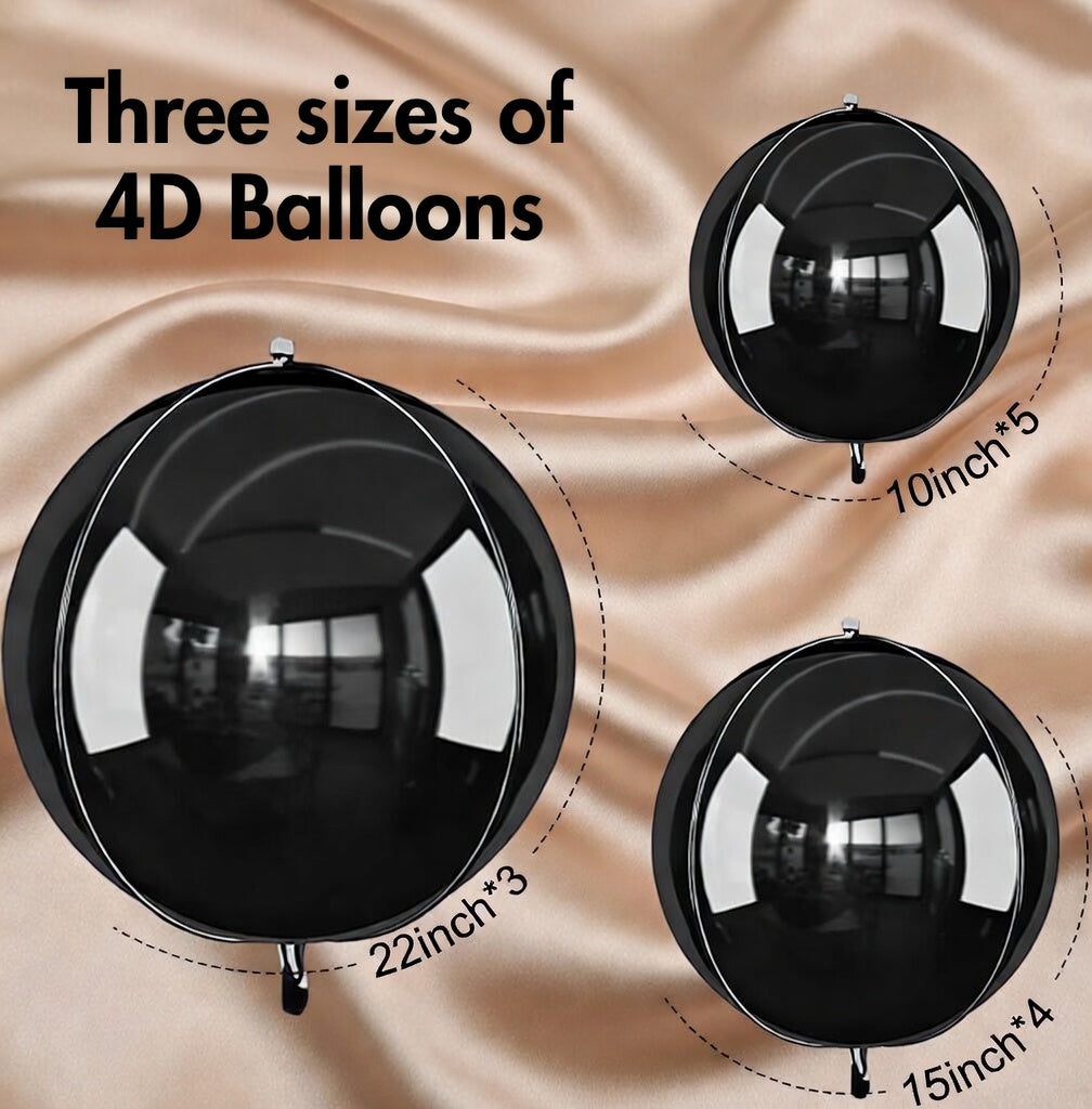 12 black round foil balloons, 22-inch, 15-inch, and 10-inch sizes, metallic black 4D spherical balloons, suitable for birthdays, graduations, Christmas, New Year's, and decorations. Vatoyum Balloons