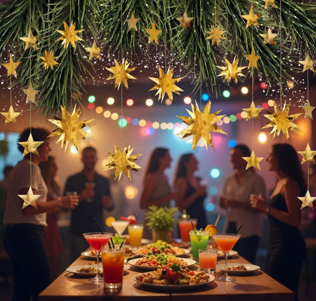 Gold Party Decoration Set — Star Streamers & Garlands, 3D Metallic Gold Star Hanging Banners; Ideal for Birthdays, Weddings, Baby Full Moon Celebrations, Bridal Showers, Festive Occasions, Christmas, Ramadan, and Eid Parties. Vatoyum Balloons