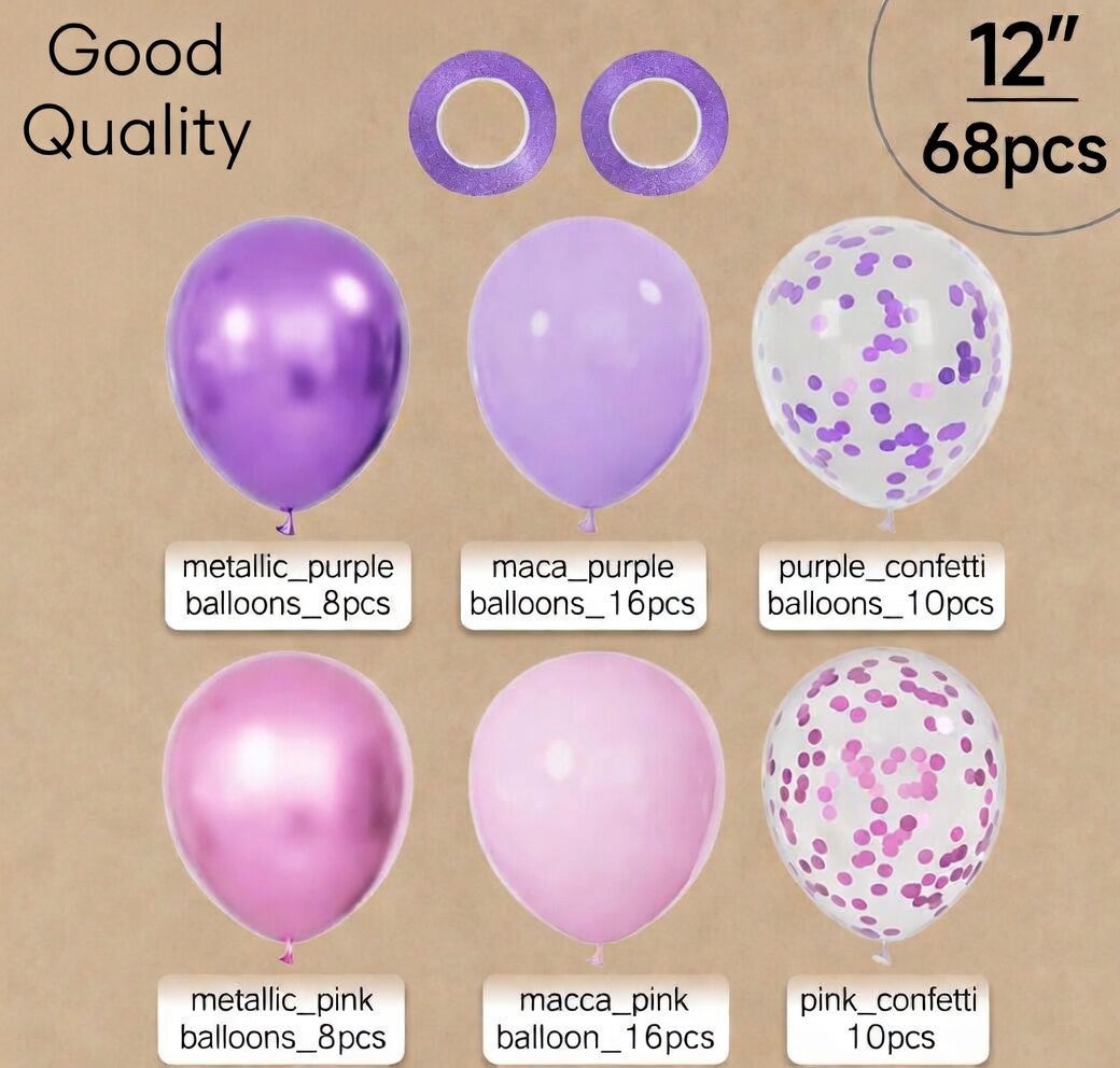 68 pink and purple balloons, 12-inch metallic purple and pink latex balloons, confetti balloons with ribbons, perfect for weddings, girls' birthdays, baby shower decorations. Vatoyum Balloons