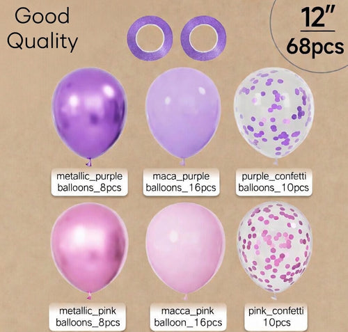 68 pink and purple balloons, 12-inch metallic purple and pink latex balloons, confetti balloons with ribbons, perfect for weddings, girls' birthdays, baby shower decorations. Vatoyum Balloons