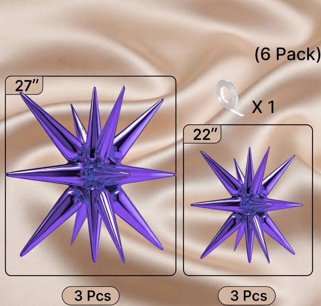 Purple Star Foil Balloons, 6-pack. Available in various sizes: 27 and 22 inches. Large lavender-colored bursting spiked foil balloons, perfect for birthday parties, anniversaries, engagements, and themed party decorations. Vatoyum Balloons