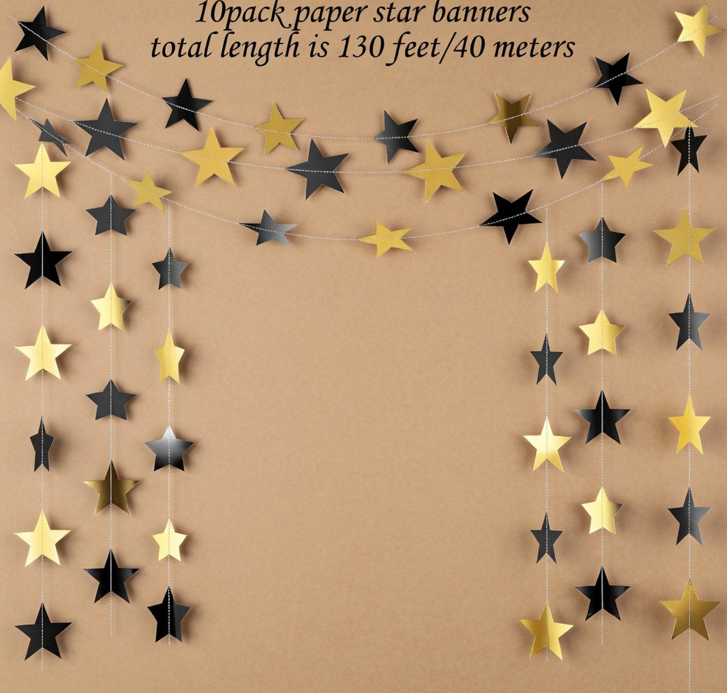 Glittering Star Wreath Banner 2026 Graduation Decorations 130-foot Star Hanging Banner Sparkling Background Birthday Classroom Wedding Supplies (Black, Gold) Vatoyum Balloons