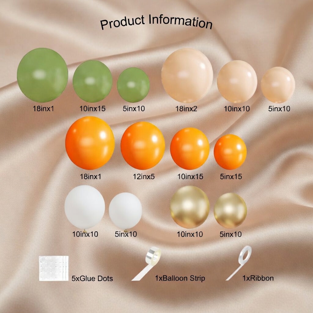 Orange and green balloon arch set, 124 sage green, orange, nude, gold, and white balloons, suitable for birthday parties, bridal showers, weddings, gender reveal parties, and cute baby party decorations. Vatoyum Balloons