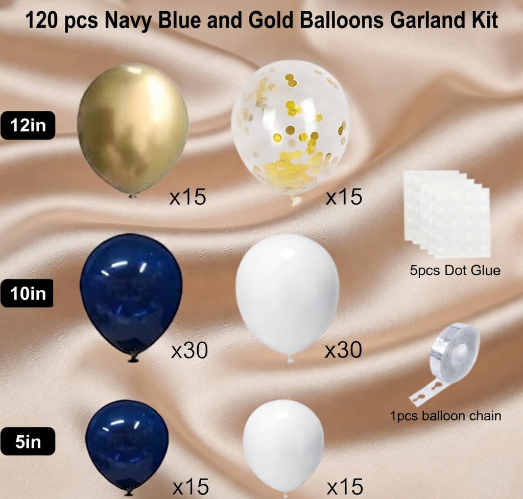 Navy Blue and Gold Balloon Wreath Set, containing 120 navy blue and gold sequined white balloons, perfect for creating DIY decorative arches for graduation ceremonies, birthday parties, baby showers, and more. Vatoyum Balloons