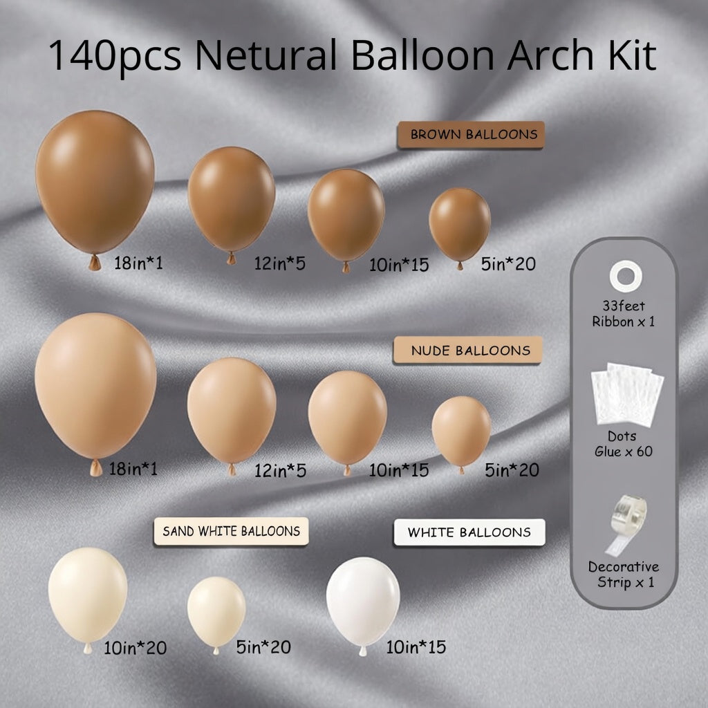 This 140-piece neutral-colored balloon arch set includes 5, 10, 12, and 18-inch balloons in brown, beige, nude, and light brown, suitable for birthday parties and neutral bear-themed baby shower decorations. Vatoyum Balloons