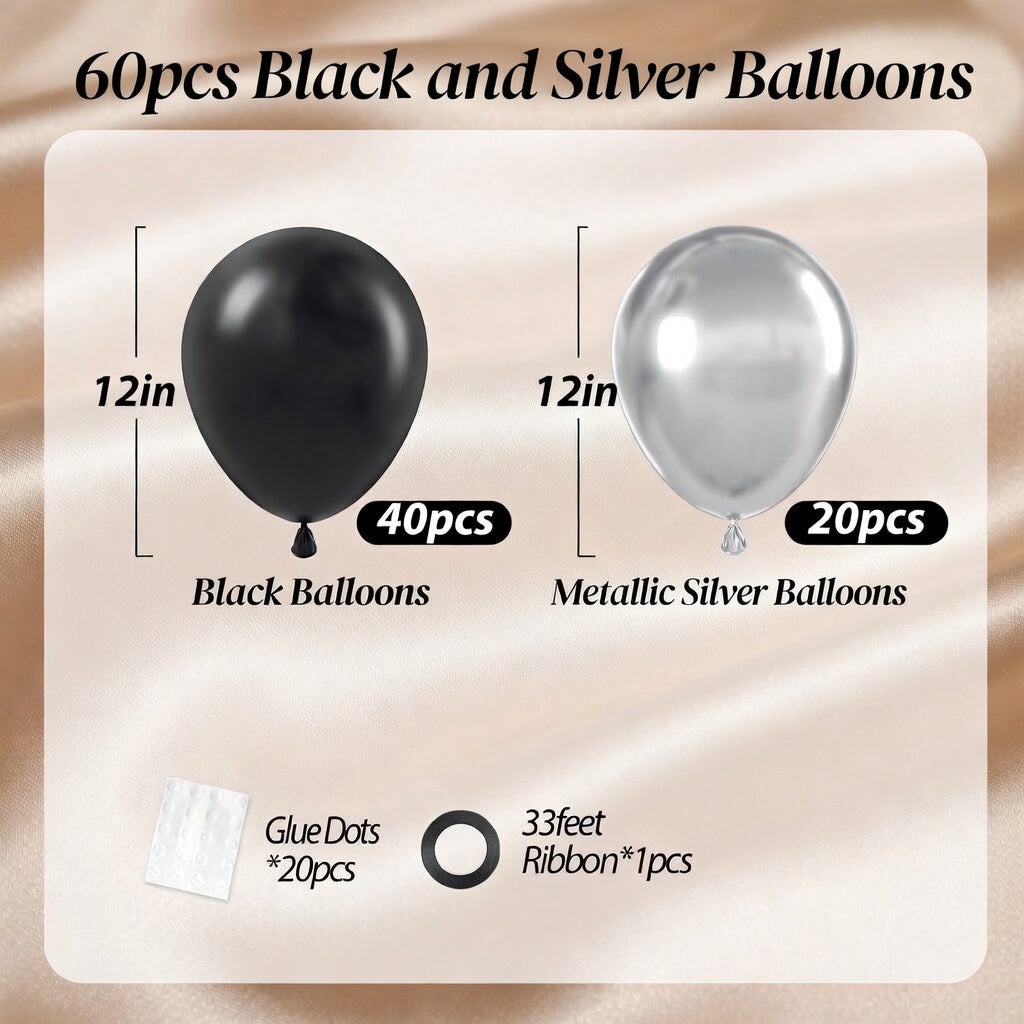 Black and Silver Balloons, 60pcs 12inch Black Metallic Silver Balloons for Graduation Birthday Party Decorations Vatoyum Balloons