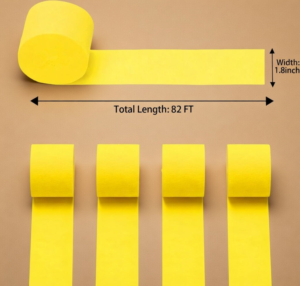 Yellow Crepe Paper Streamers 4 Rolls 328ft, Pack of Party Streamers for Party Decorations, Crepe Paper for Birthday, Baby Shower, Wedding Party Decorations (1.8 Inch x 82 Ft/Roll) Vatoyum Balloons