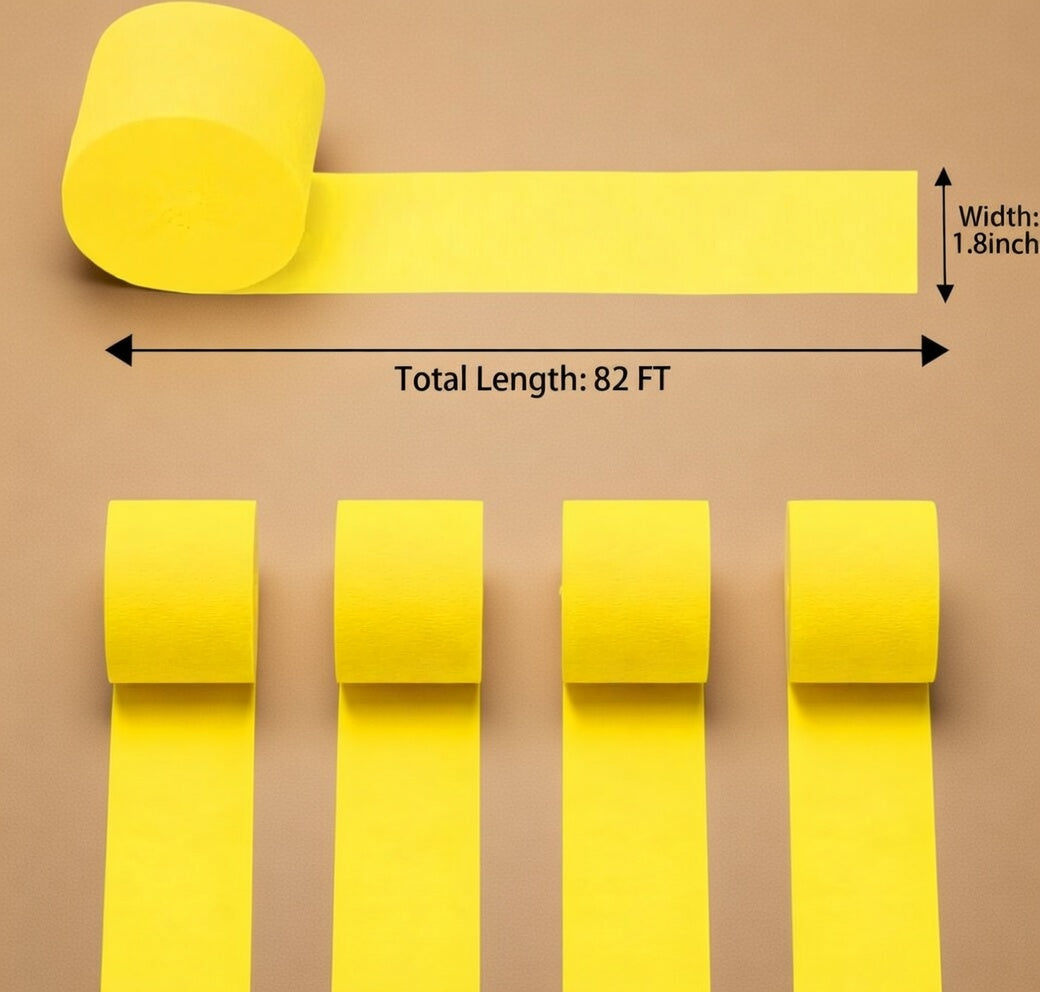 Yellow Crepe Paper Streamers 4 Rolls 328ft, Pack of Party Streamers for Party Decorations, Crepe Paper for Birthday, Baby Shower, Wedding Party Decorations (1.8 Inch x 82 Ft/Roll) Vatoyum Balloons