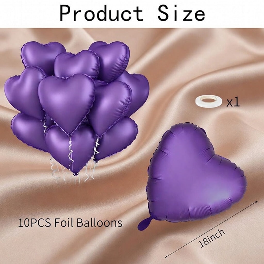 Purple Heart Balloon, 10PCS Purple Foil Heart Balloons, 18inch Metallic Purple Heart Shape Foil Balloons for Helium Birthday Party Decorations for Brithday Party, Valentines Day, Wedding, Anniversary Vatoyum Balloons