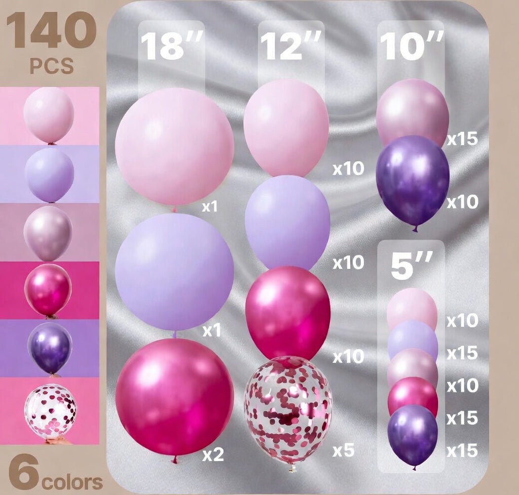 Pink and Purple Balloon Arch Kit Garland 140pcs Different Sizes of 18 12 10 5 Inch Metallic Baby Pink Hot Pink Chrome Light Purple Gold Confetti Balloons Birthday Party Decorations Vatoyum Balloons
