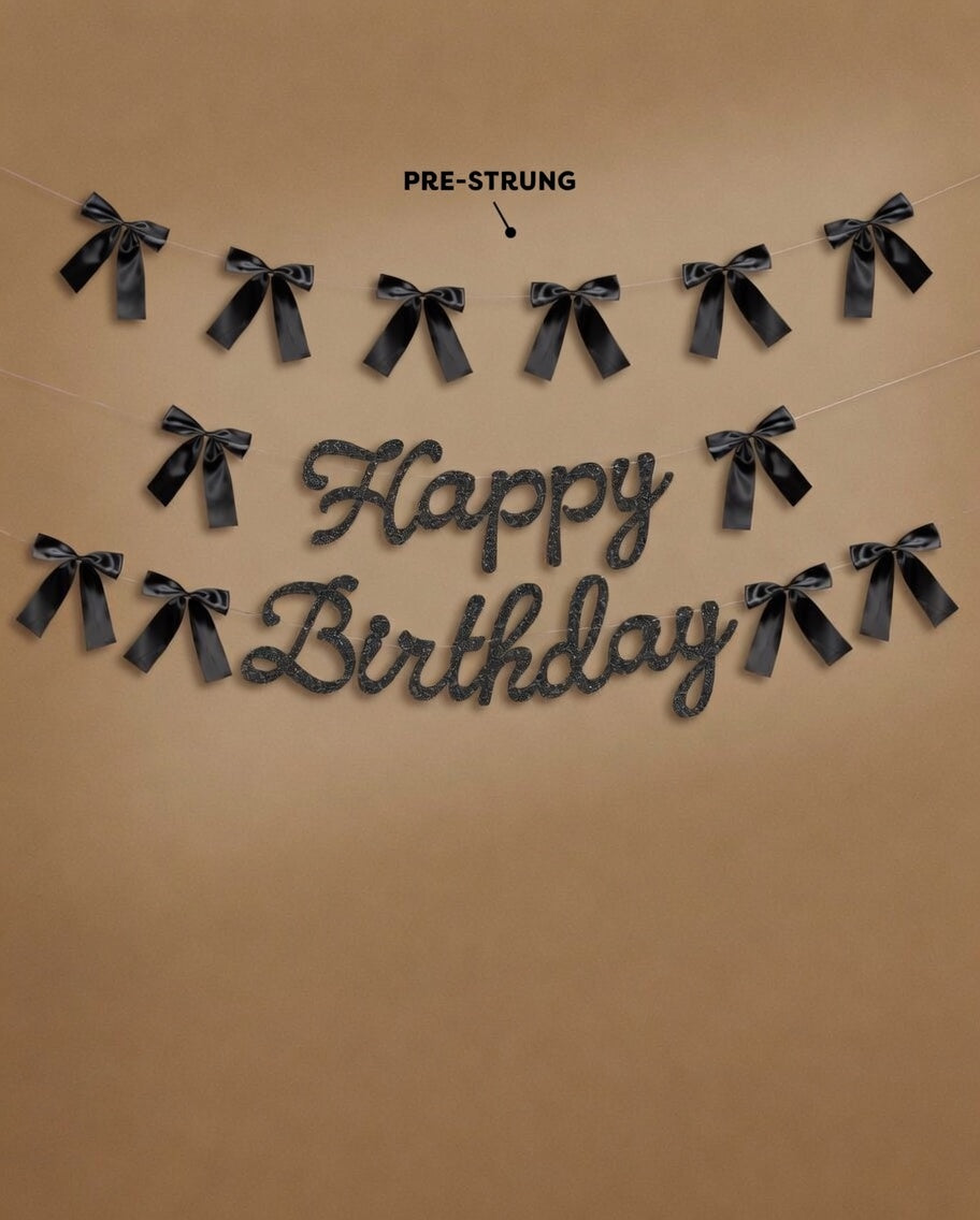Happy Birthday Banner, Black Glitter + Satin Bows - 5.5 Ft. | Birthday Decorations, Coquette Bday Decor, 30th Party Sign, 21st Photo Booth Backdrop Vatoyum Balloons