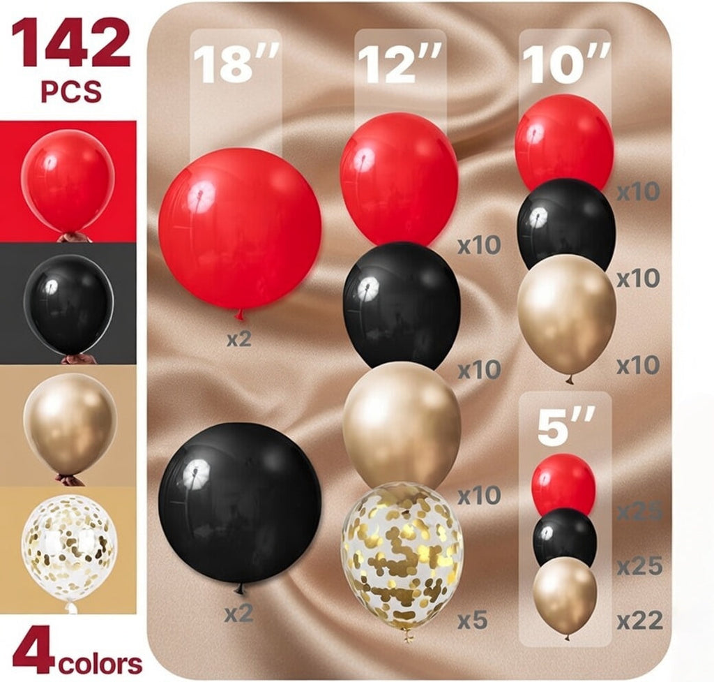 Red Black and Gold Balloon Arch Kit Garland 140pcs Different Sizes of 18 12 10 5 Inch Matte Black Red Metallic Gold Confetti Balloons for New Year's Eve Graduation Birthday Party Decorations Vatoyum Balloons