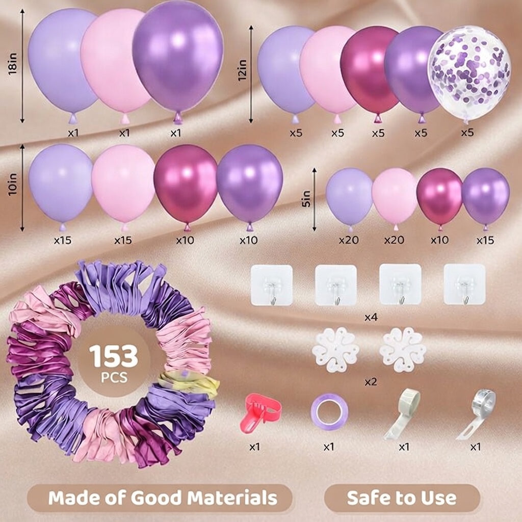 153pcs Pink Purple Balloon Garland Arch Kit, Different Sizes 18 12 10 5 inch Pink Purple Red Latex Metallic Confetti Purple Balloons for Girl Women Birthday Bridal Baby Shower Party Decoration Vatoyum Balloons