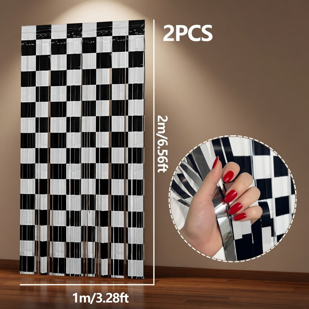 Racing Theme Foil Fringe Curtain Backdrop – Birthday Party Decorations (2-Pack) | 3.28 x 6.56 ft. Black & White Foil Fringe Curtains | Photo Booth Props | "Number One" Racing Birthday Party Decor Vatoyum Balloons