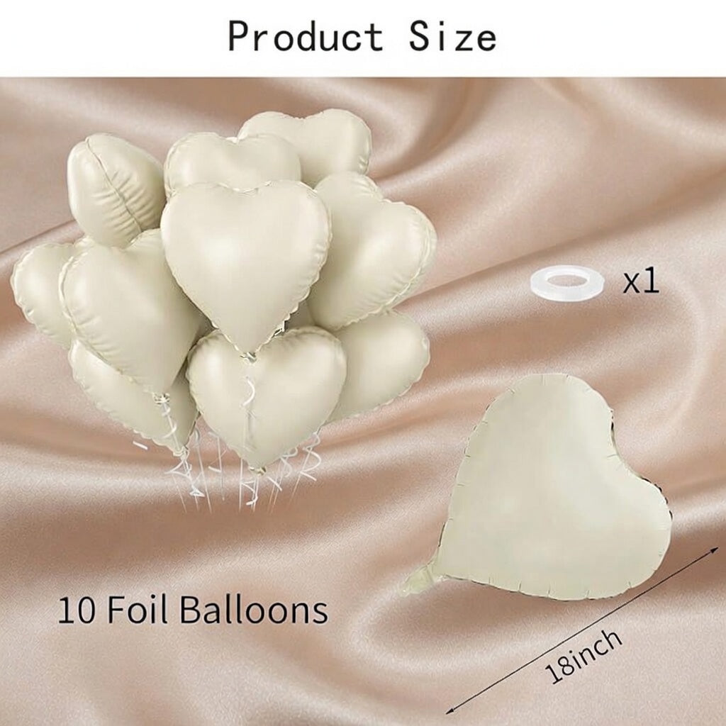 Cream Heart Balloons, 10PCS Cream White Foil Heart Shape Balloons, 18inch Beige Foil Valentine Balloons for Helium Nude Neutral Love Balloon for Valentines Day, White Wedding, Brithday Decorations Vatoyum Balloons