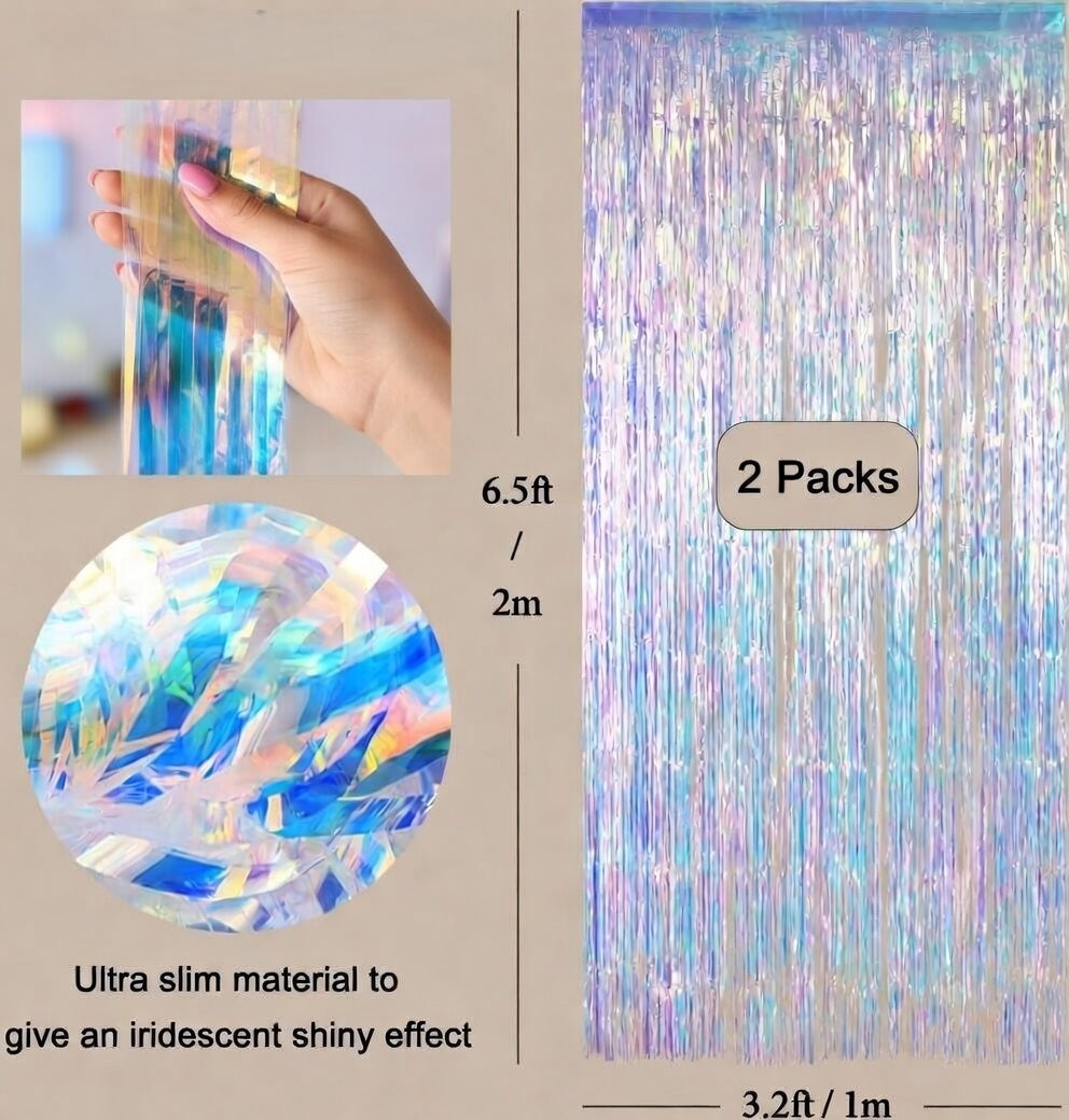 Iridescent Party Streamers Backdrop -  Neon Transparent Holographic Tinsel Foil Fringe Curtain for Mermaid/Frozen/Sea/Euphoria/ERAS Party Theme Decorations 3.2ft x 6.5ft 2 PCS Vatoyum Balloons