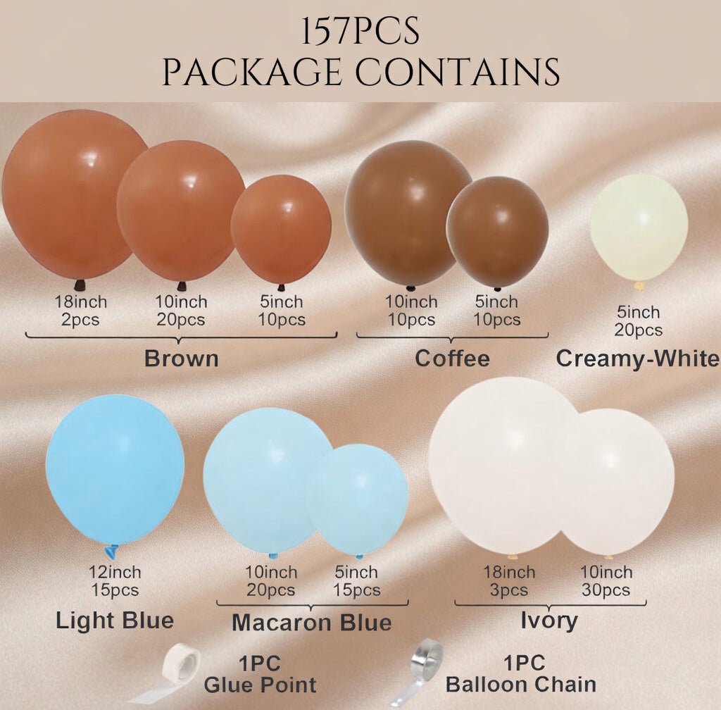 Blue Brown Baby Shower Balloons,157pcs Light Blue Coffee Brown White Ivory Balloon Garland Arch Kit for Baby Shower Bridal Shower Boy Girls Birthday Wedding Party Teddy Bear Party Decorations Vatoyum Balloons