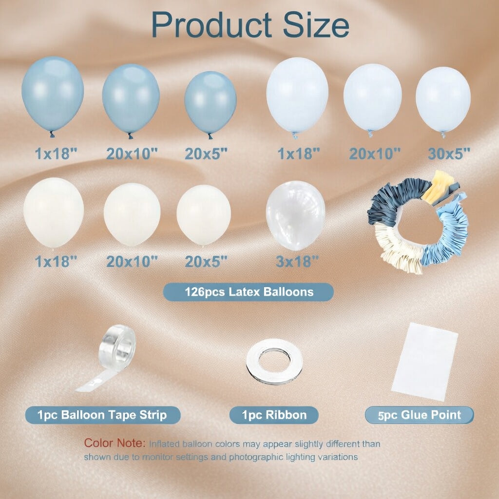 Light Blue Balloon Arch Set (126 Pieces): A light blue and white balloon arch and wreath set including macaron balloons, suitable for weddings, birthdays, baby showers, parties, and bridal decorations. Vatoyum Balloons