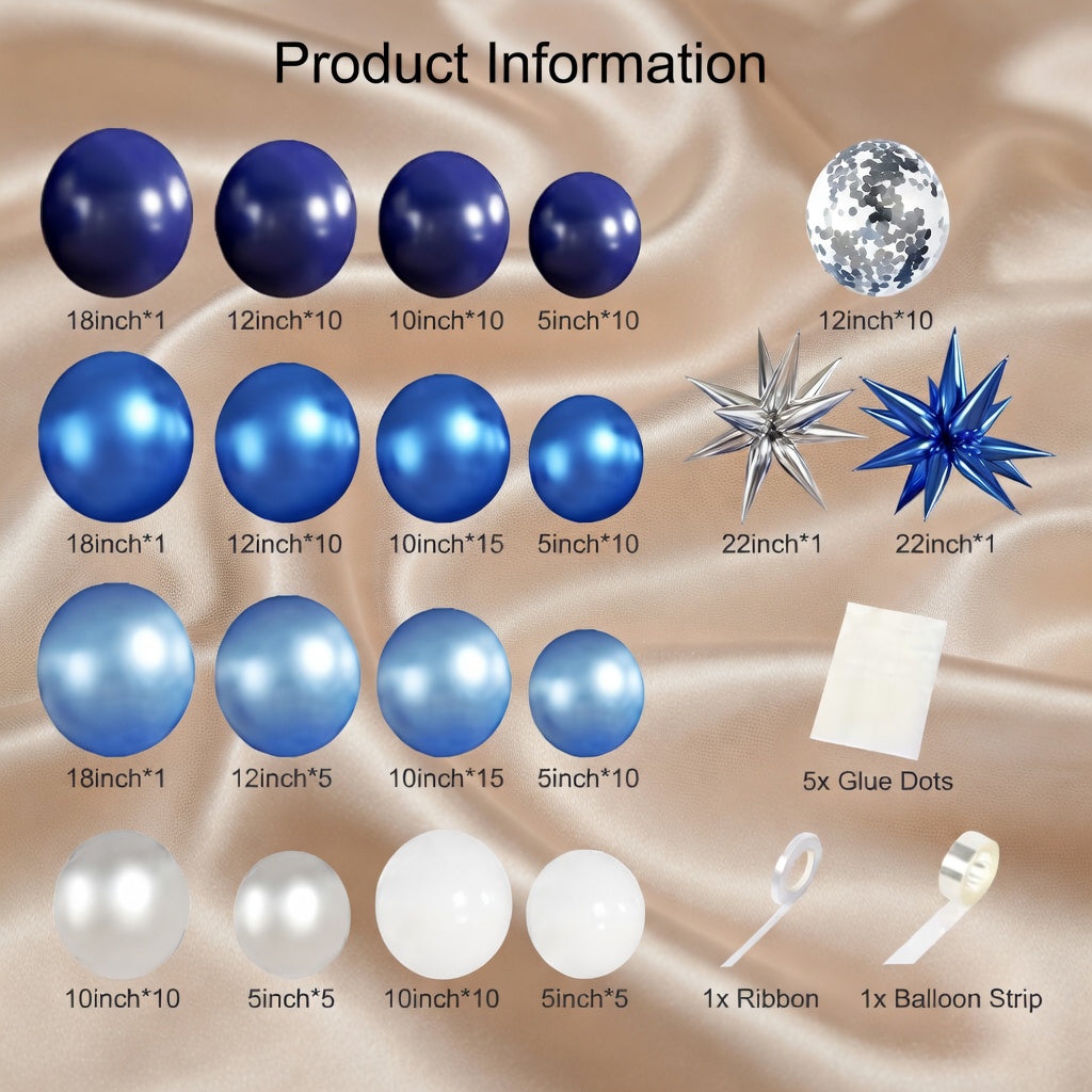 Blue, white, and silver balloon arch set, containing 140 navy blue, light metallic blue, and silver confetti balloons with star patterns. Suitable for birthday parties, weddings, baby showers, graduations, and party decorations. Vatoyum Balloons