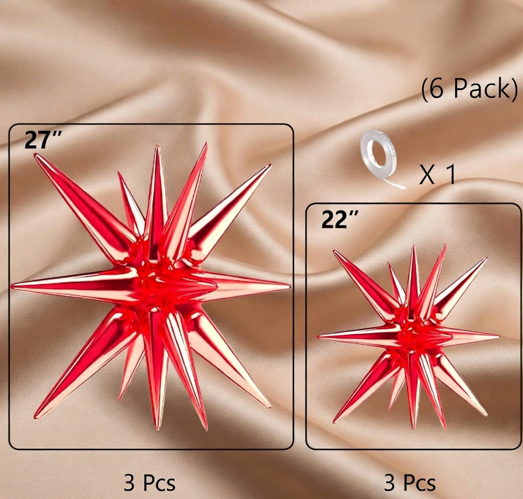 Six red star-shaped foil balloons. Various sizes available, 27-inch and 22-inch large explosive spiked foil balloons, suitable for graduation ceremonies, wedding anniversaries, birthdays, bachelor/bachelorette parties, and engagement party decorations. Vatoyum Balloons
