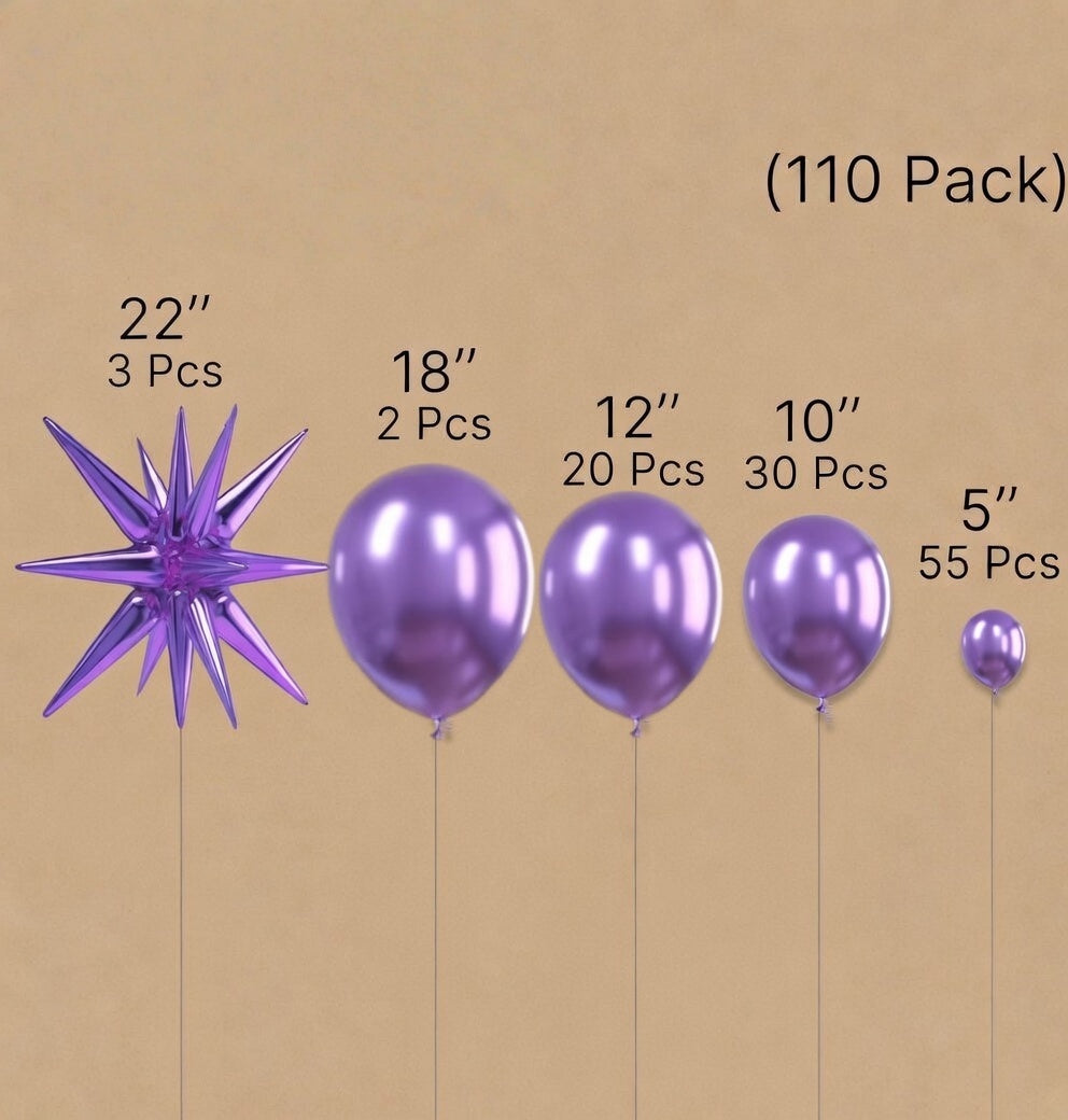Metallic Purple Star Balloons 110pcs Different Sizes 18 12 10 5 Inch Pack 22 Inch Purple Spike Star Foil Mylar Balloon Arch Kit for Birthday Wedding Party Decorations Vatoyum Balloons