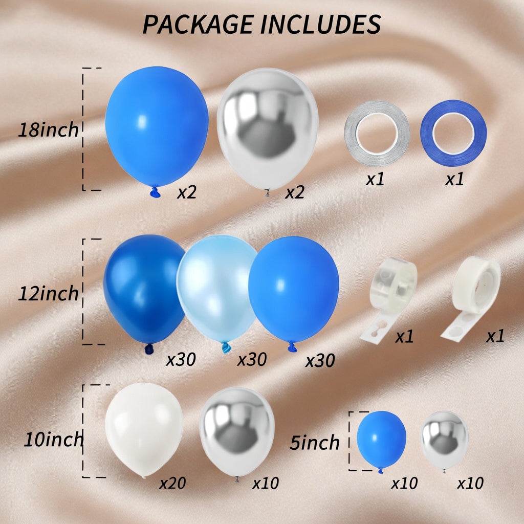 144-piece blue balloon arch wreath set, 18/12/10/5-inch blue, white, and silver party balloons, silver sequined latex balloons, suitable for birthday, wedding, and baby shower decorations. Vatoyum Balloons