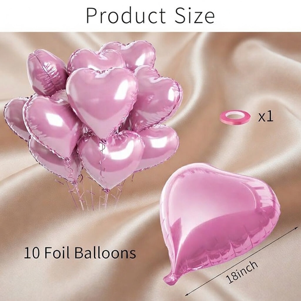 Pink Foil Heart Balloons — Pack of 10 Pink Heart-Shaped Balloons (18-Inch) — "Love" Themed Foil Balloons — Helium Compatible — Ideal for Birthday Decorations, Valentine's Day, Wedding Parties, and Anniversaries Vatoyum Balloons