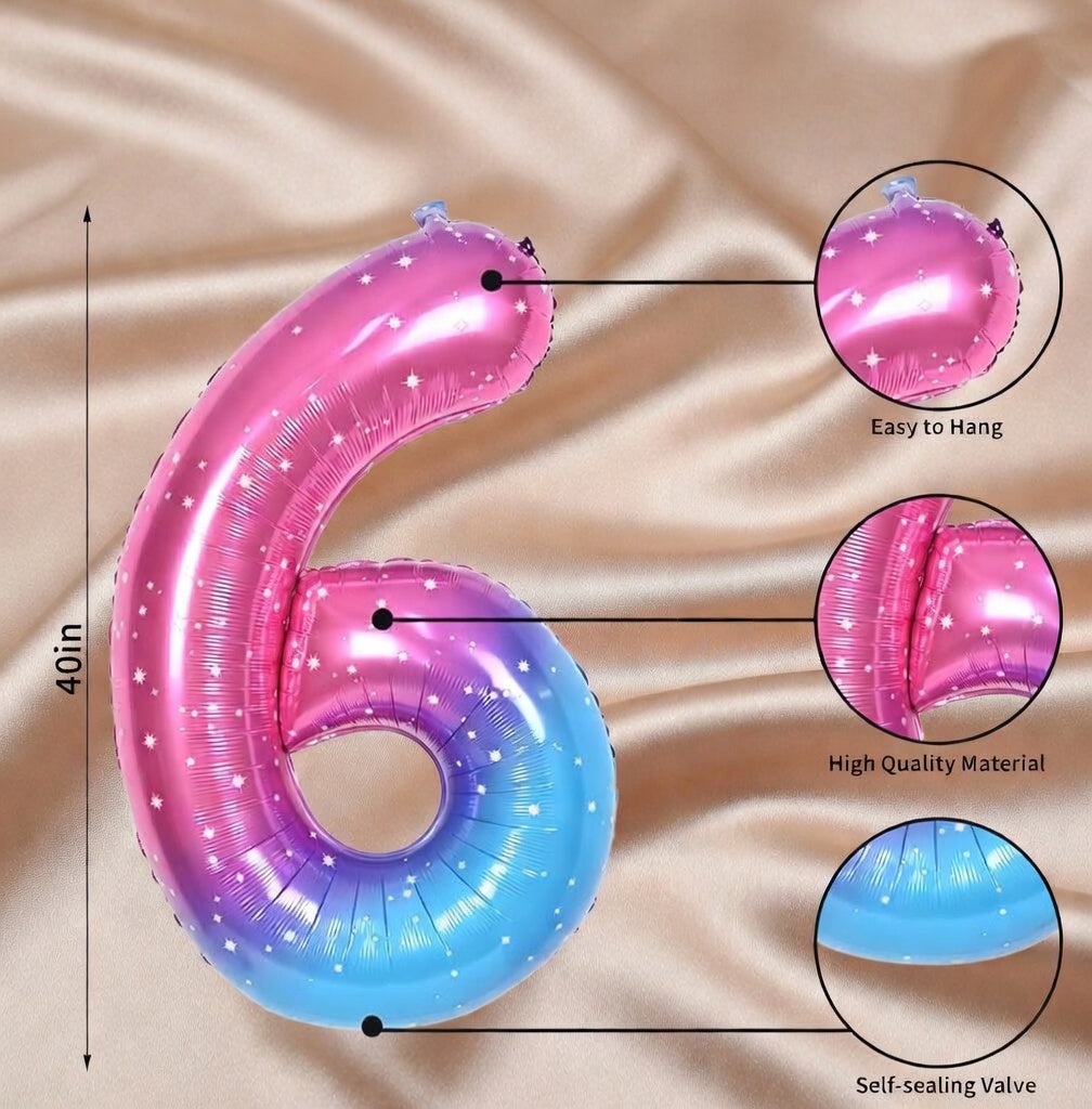 Starry Sky 6 Balloon, Number Balloons 40 Inch, 6th Balloons for Birthday Decorations, Starry Sky Party Supplies 6 Birthday Balloon, Number 6 Balloon Vatoyum Balloons