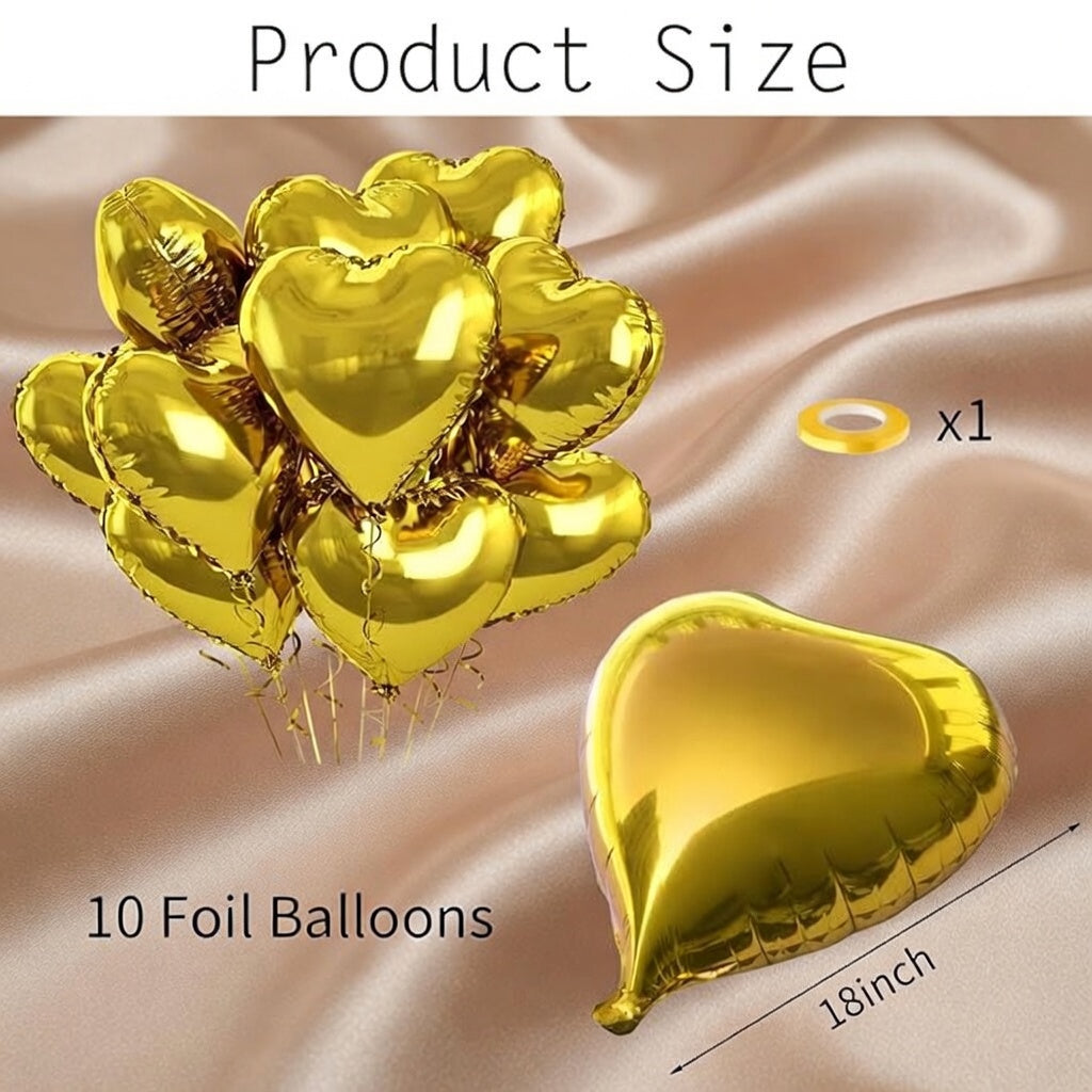 Gold Heart Foil Balloons — 10-Pack of 18-Inch Gold Heart-Shaped Balloons | Valentine's Day Helium Decoration Balloons | Ideal for Valentine's Day, Weddings, Birthday Parties, and Baby Showers Vatoyum Balloons