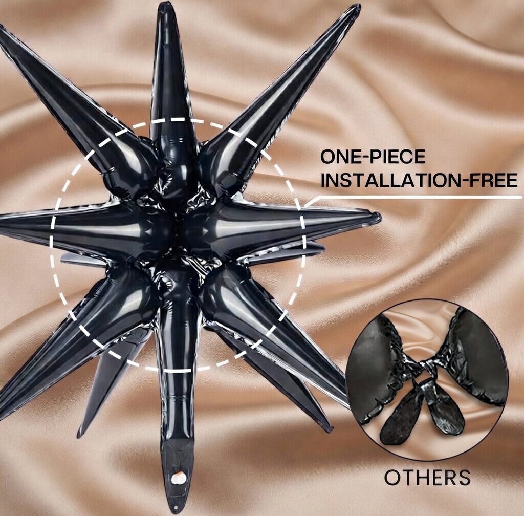 Six black star-shaped foil balloons. Various sizes available: 27-inch and 22-inch large black explosive spiked foil balloons, suitable for graduation ceremonies, birthdays, retirement anniversaries, and space-themed party decorations. Vatoyum Balloons