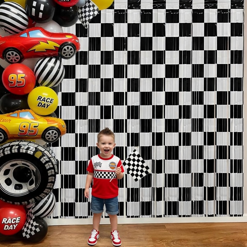 Racing Theme Foil Fringe Curtain Backdrop – Birthday Party Decorations (2-Pack) | 3.28 x 6.56 ft. Black & White Foil Fringe Curtains | Photo Booth Props | "Number One" Racing Birthday Party Decor Vatoyum Balloons