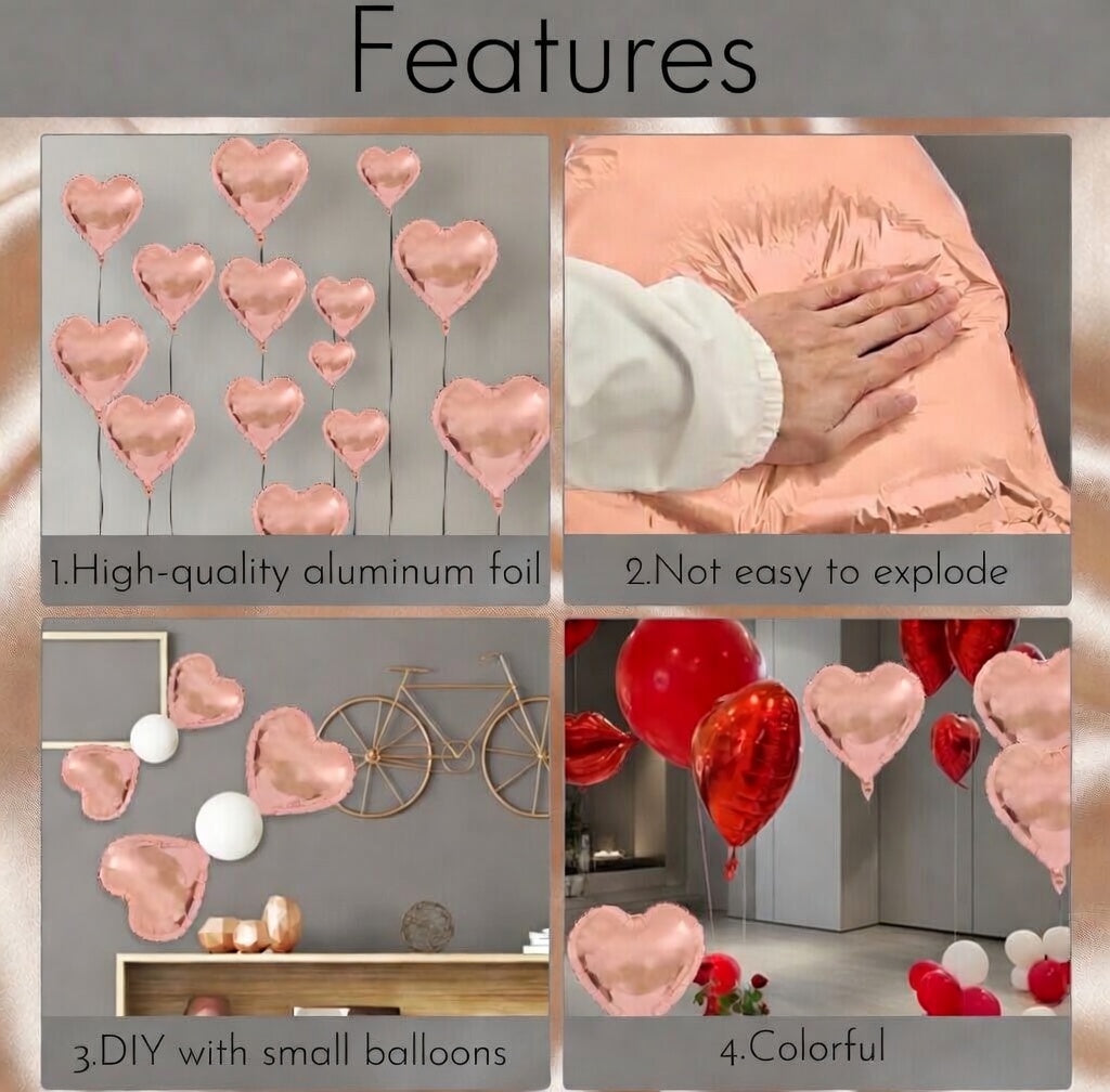 Rose Gold Foil Heart Balloons, 10PCS Rose Gold Heart Shape Balloons, Valentines Balloons 18inch Foil Balloons for Helium Birthday Decorations for Valentines Day, Wedding, Brithday Party, Baby Shower Vatoyum Balloons