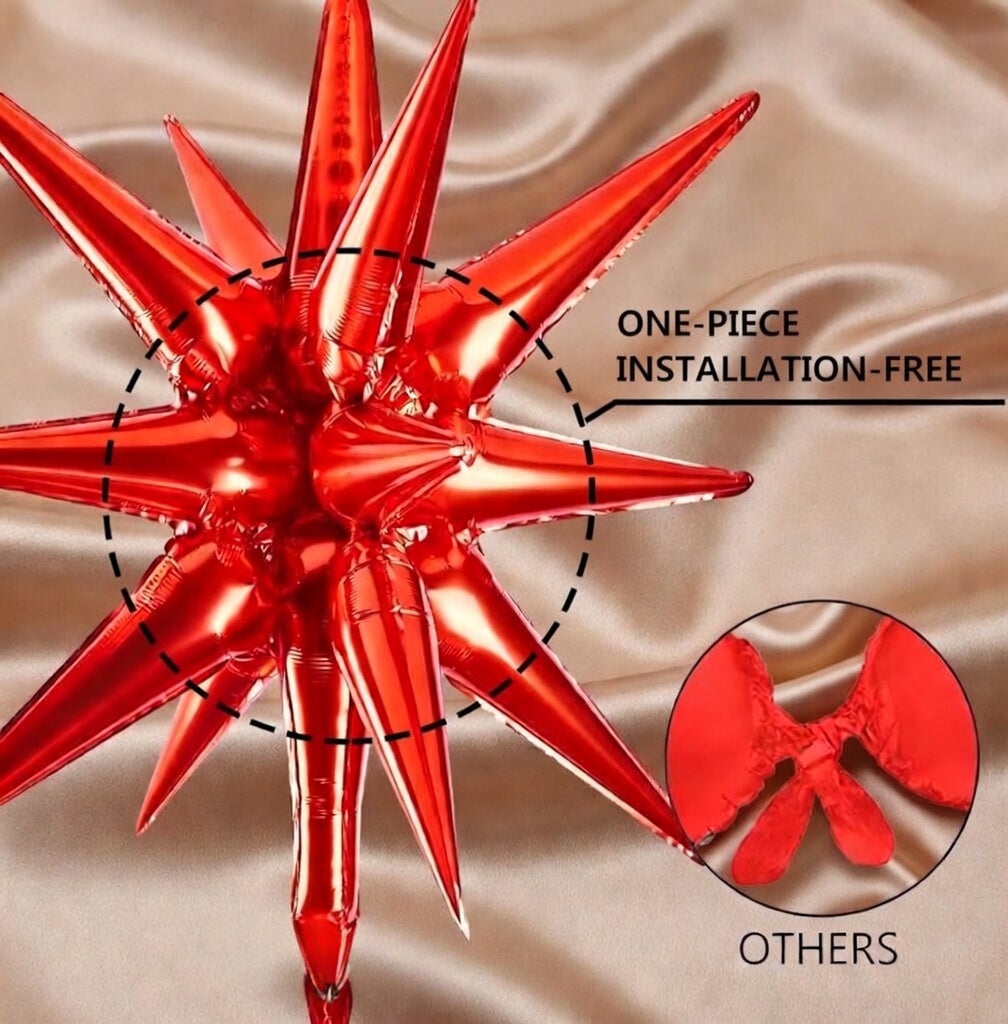 Six red star-shaped foil balloons. Various sizes available, 27-inch and 22-inch large explosive spiked foil balloons, suitable for graduation ceremonies, wedding anniversaries, birthdays, bachelor/bachelorette parties, and engagement party decorations. Vatoyum Balloons