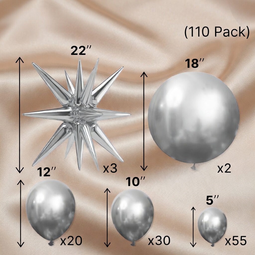 Metallic Silver Star Balloons 110pcs Different Sizes 18 12 10 5 Inch Pack 22 Inch Silver Spike Star Explosion Foil Mylar Balloon Arch Kit for Birthday Party Decorations Vatoyum Balloons