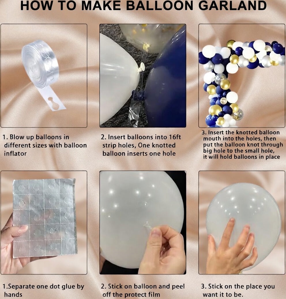 Navy Blue and Gold Balloon Wreath Set, containing 120 navy blue and gold sequined white balloons, perfect for creating DIY decorative arches for graduation ceremonies, birthday parties, baby showers, and more. Vatoyum Balloons