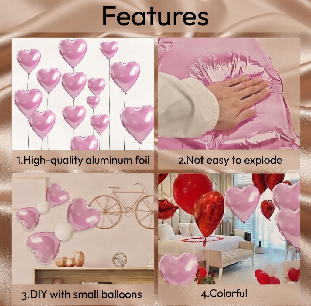 Pink Foil Heart Balloons — Pack of 10 Pink Heart-Shaped Balloons (18-Inch) — "Love" Themed Foil Balloons — Helium Compatible — Ideal for Birthday Decorations, Valentine's Day, Wedding Parties, and Anniversaries Vatoyum Balloons