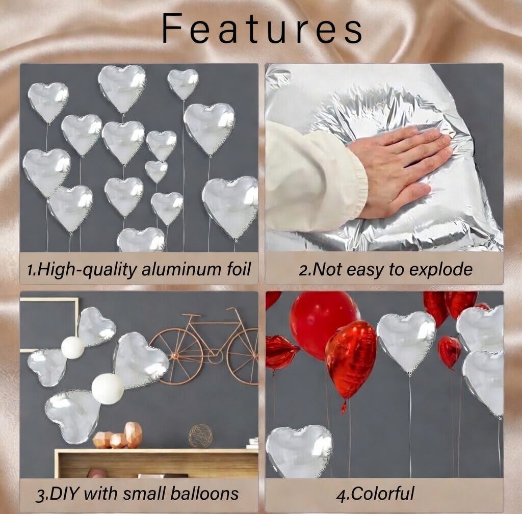 Silver Heart Balloons, 10PCS Valentines Balloons 18inch Love Foil Balloons for Helium Birthday Decorations for Valentines Day, Wedding, Birthday, Baby Shower Vatoyum Balloons