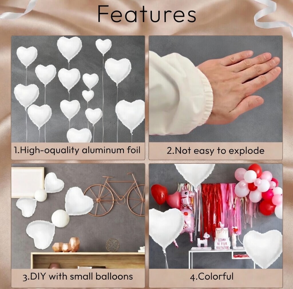 White Heart Balloons Helium, 10PCS White Foil Heart Shape Balloons Valentines 18inch Metallic White Foil Balloon for Helium Valentine Decorations for White Wedding, Brithday Party, Anniversary Vatoyum Balloons