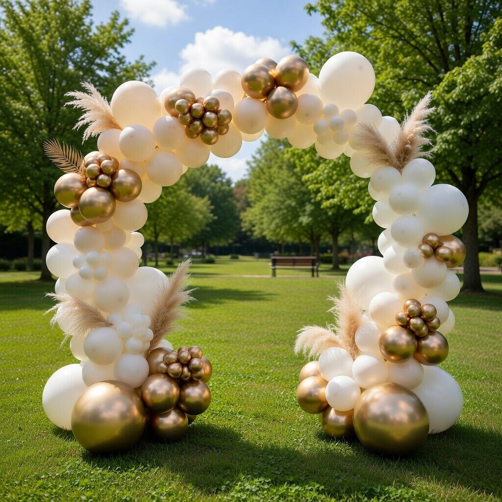 White Beach Gold Balloon Arch Decoration Set, containing 102 white, nude, and cream-colored balloons, paired with metallic chrome and gold sequined latex balloons. Suitable for weddings, baby showers, engagement ceremonies, and birthday decorations. Vatoyum Balloons