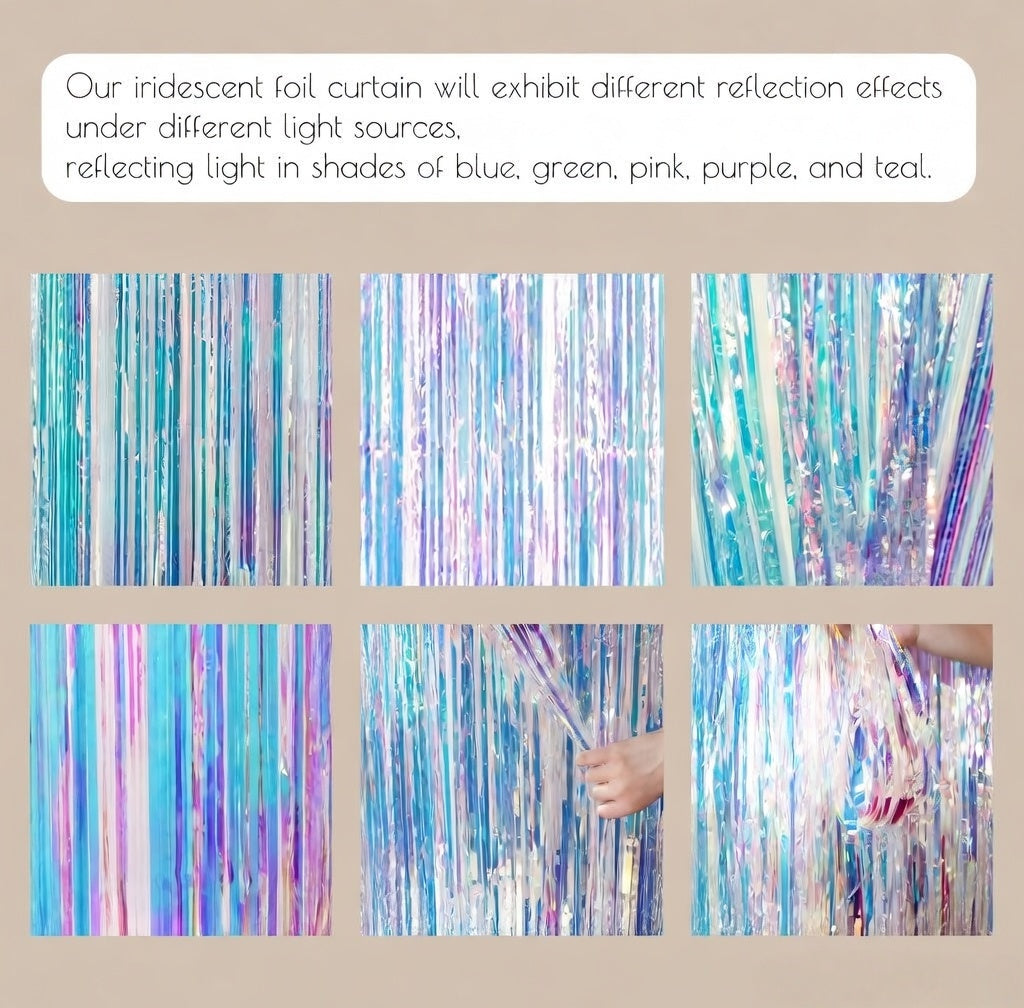 Iridescent Party Streamers Backdrop -  Neon Transparent Holographic Tinsel Foil Fringe Curtain for Mermaid/Frozen/Sea/Euphoria/ERAS Party Theme Decorations 3.2ft x 6.5ft 2 PCS Vatoyum Balloons