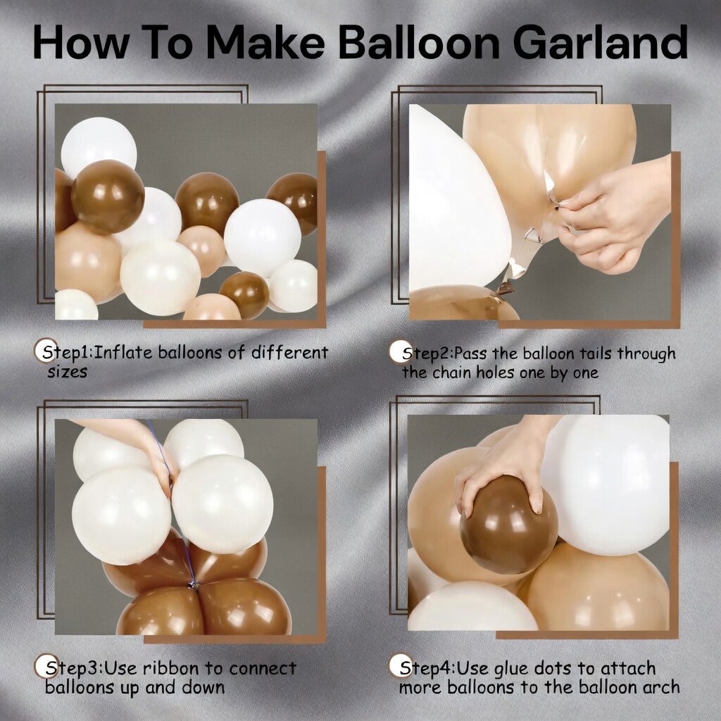 This 140-piece neutral-colored balloon arch set includes 5, 10, 12, and 18-inch balloons in brown, beige, nude, and light brown, suitable for birthday parties and neutral bear-themed baby shower decorations. Vatoyum Balloons