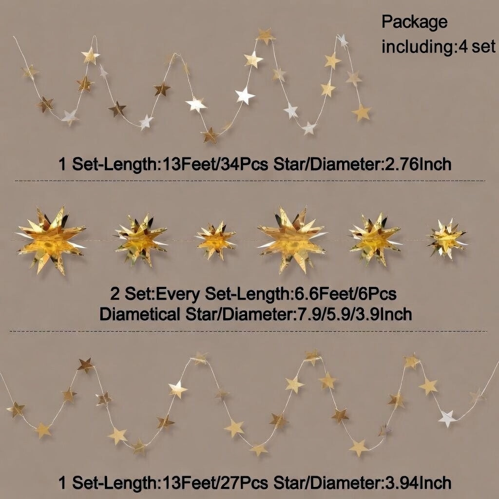 Gold Party Decoration Set — Star Streamers & Garlands, 3D Metallic Gold Star Hanging Banners; Ideal for Birthdays, Weddings, Baby Full Moon Celebrations, Bridal Showers, Festive Occasions, Christmas, Ramadan, and Eid Parties. Vatoyum Balloons