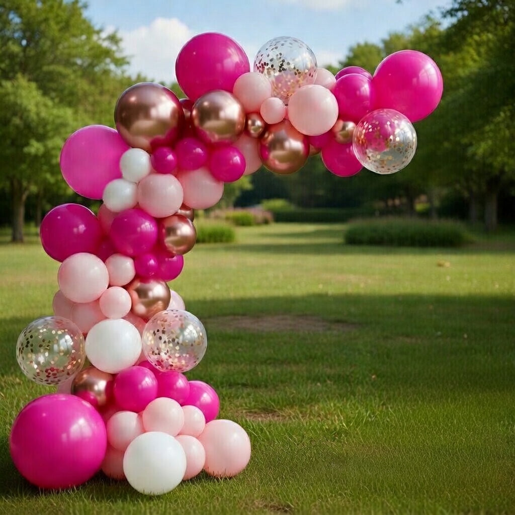 Rose, pink, and champagne-colored balloon arch wreath set, containing 146 bright pink, sequined, rose gold, soft pink, and white balloons. Suitable for graduation ceremonies, birthday parties, baby showers, and wedding decorations. Vatoyum Balloons