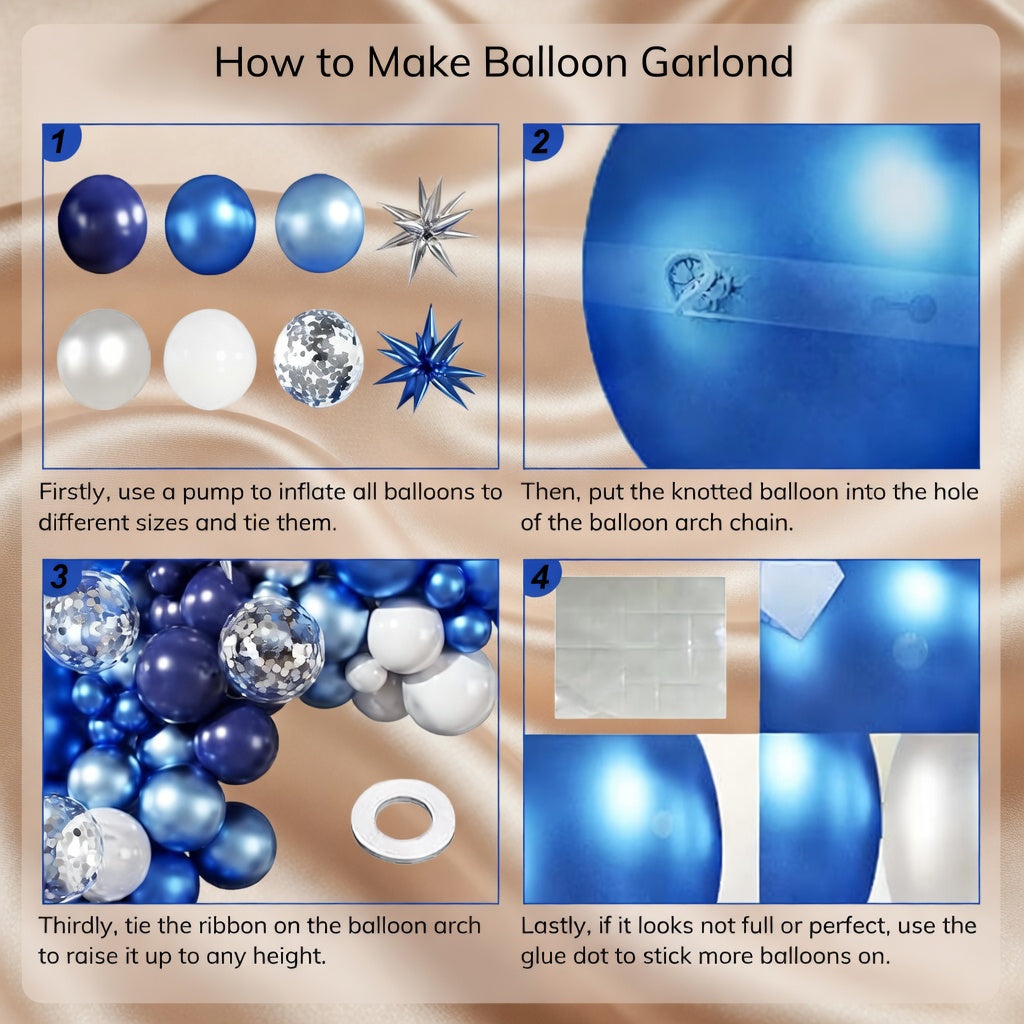 Blue, white, and silver balloon arch set, containing 140 navy blue, light metallic blue, and silver confetti balloons with star patterns. Suitable for birthday parties, weddings, baby showers, graduations, and party decorations. Vatoyum Balloons