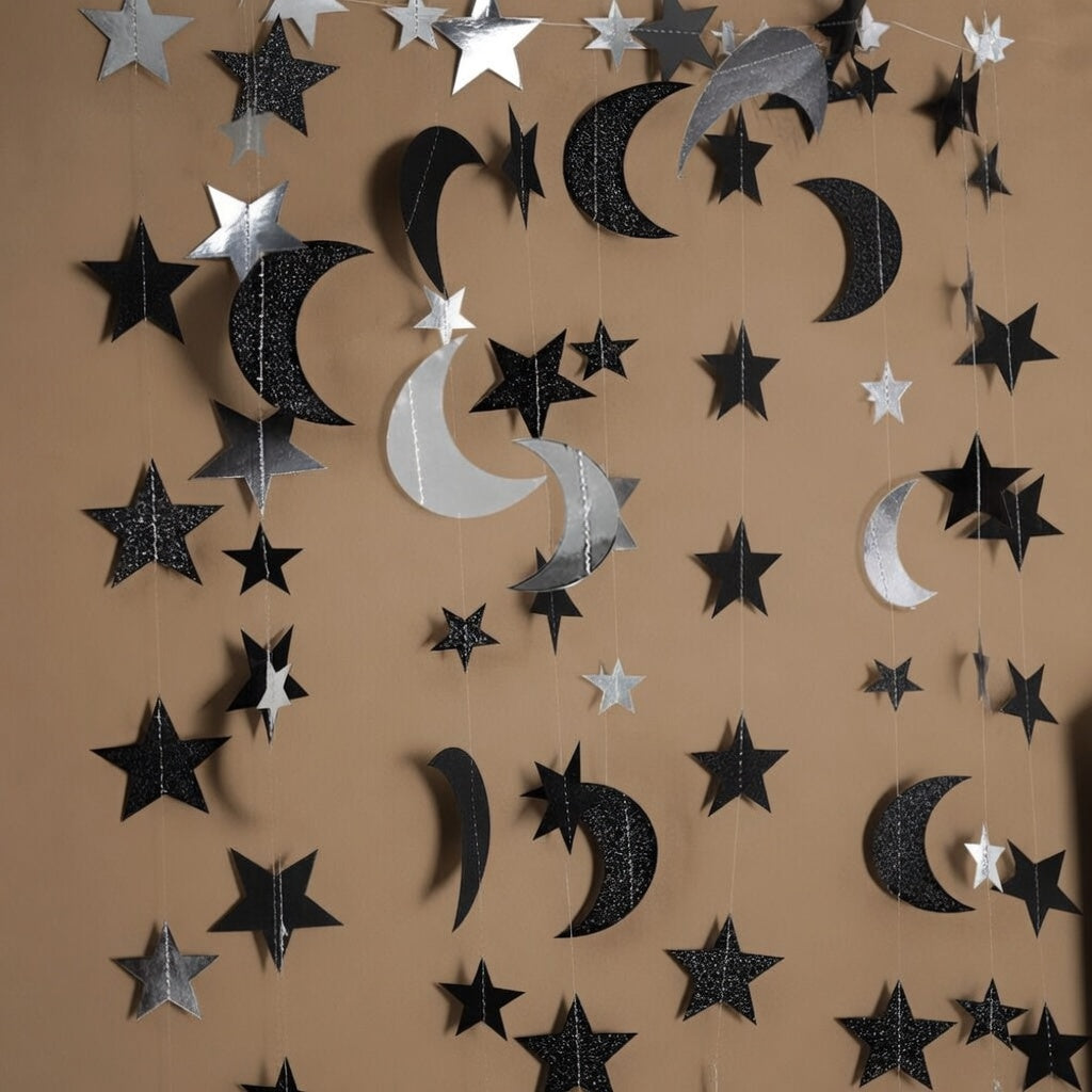 Black Silver Moon Garland Twilight Birthday Decoration Star Streamer Gothic Party Decor Garland Ramadan Eid Mubarak Glitter Banner Celestial Wedding Baby Shower Halloween Summerween Decor Vatoyum Balloons