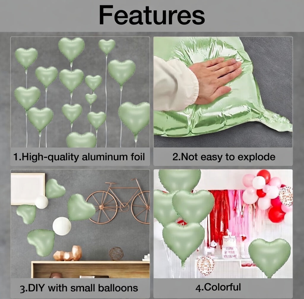 Sage Green Heart Balloon, 10PCS Green Foil Heart Balloons, 18inch Olive Green Heart Shape Balloons for Helium Birthday Party Decorations for Jungle Brithday Party, Valentines Day, Wedding, Anniversary Vatoyum Balloons