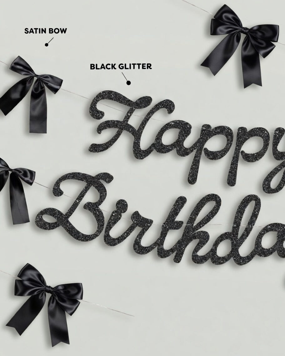 Happy Birthday Banner, Black Glitter + Satin Bows - 5.5 Ft. | Birthday Decorations, Coquette Bday Decor, 30th Party Sign, 21st Photo Booth Backdrop Vatoyum Balloons