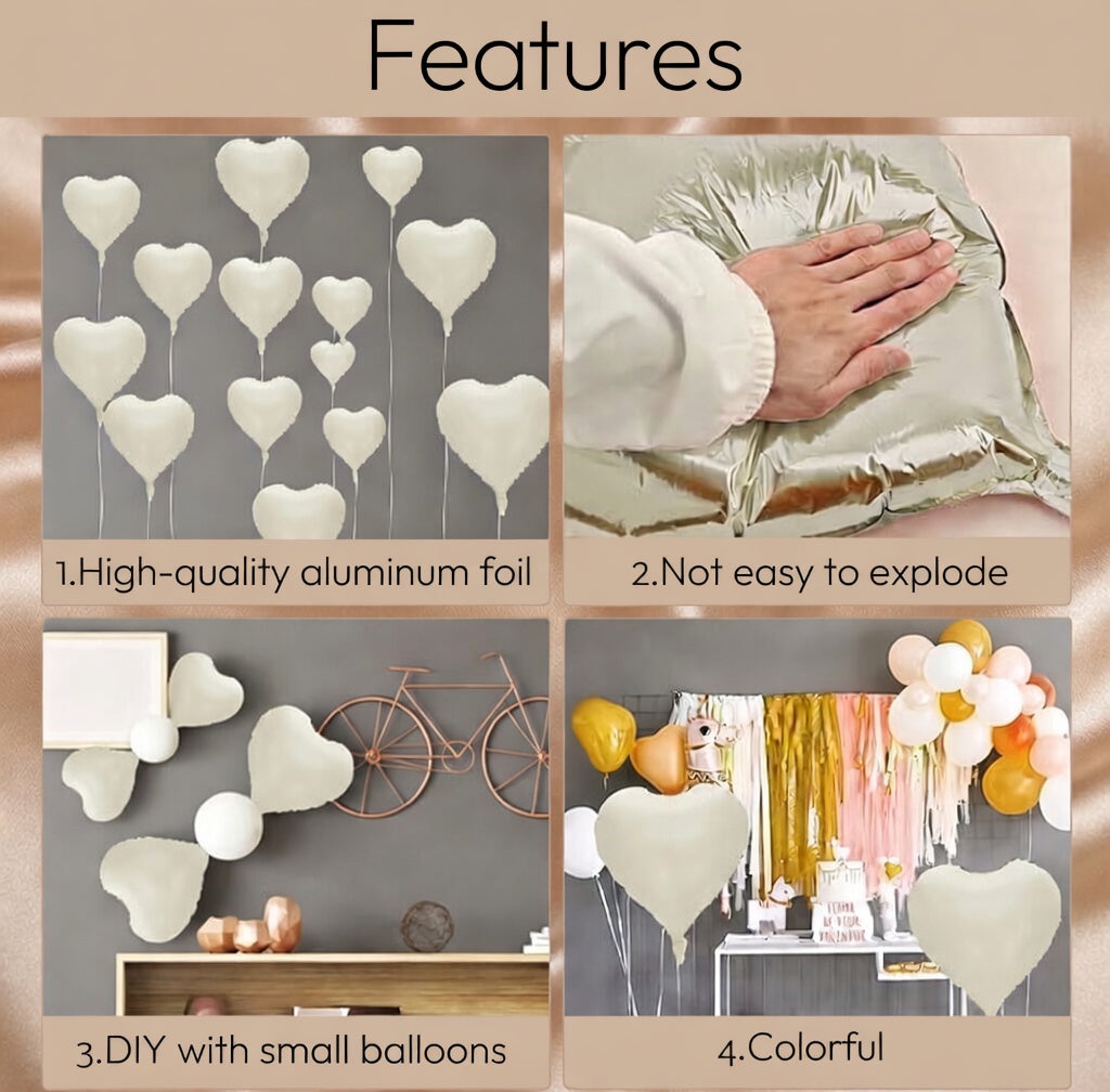 Cream Heart Balloons, 10PCS Cream White Foil Heart Shape Balloons, 18inch Beige Foil Valentine Balloons for Helium Nude Neutral Love Balloon for Valentines Day, White Wedding, Brithday Decorations Vatoyum Balloons
