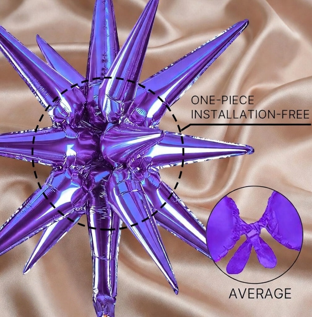 Purple Star Foil Balloons, 6-pack. Available in various sizes: 27 and 22 inches. Large lavender-colored bursting spiked foil balloons, perfect for birthday parties, anniversaries, engagements, and themed party decorations. Vatoyum Balloons